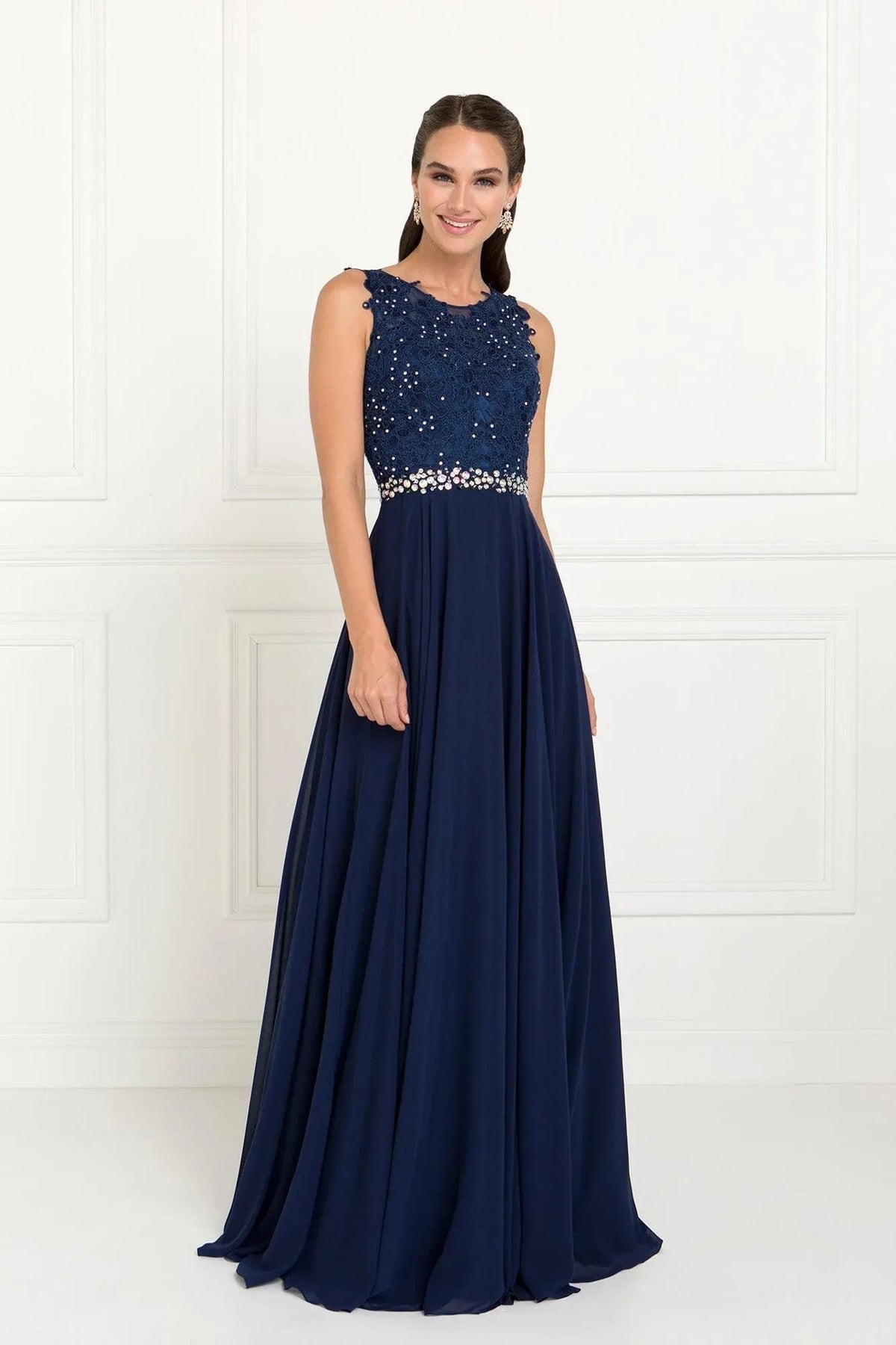 Elegant A-Line Jewel Neck Sleeveless Keyhole Back Floor-Length Prom Dress