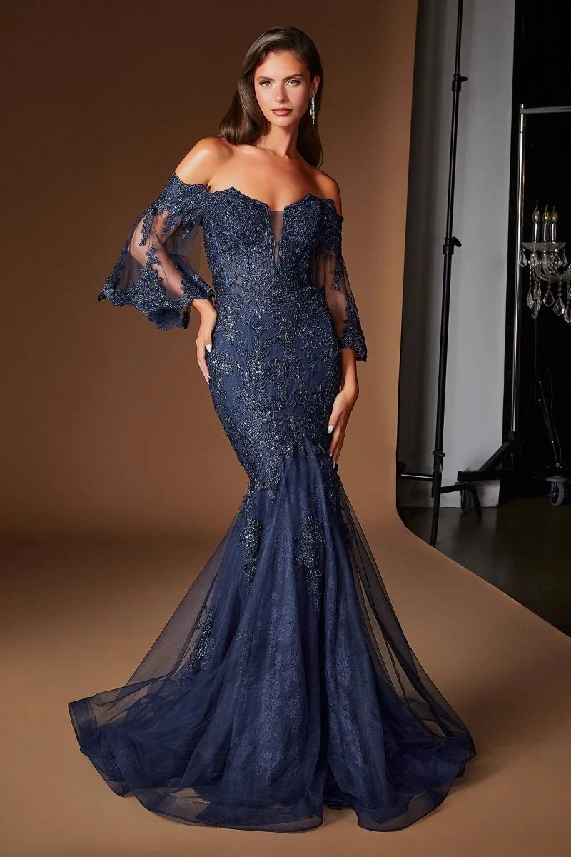 Loverlm navy mother of the bride dress with off-shoulder sweetheart neckline lace bodice sheer sleeves and mermaid skirt