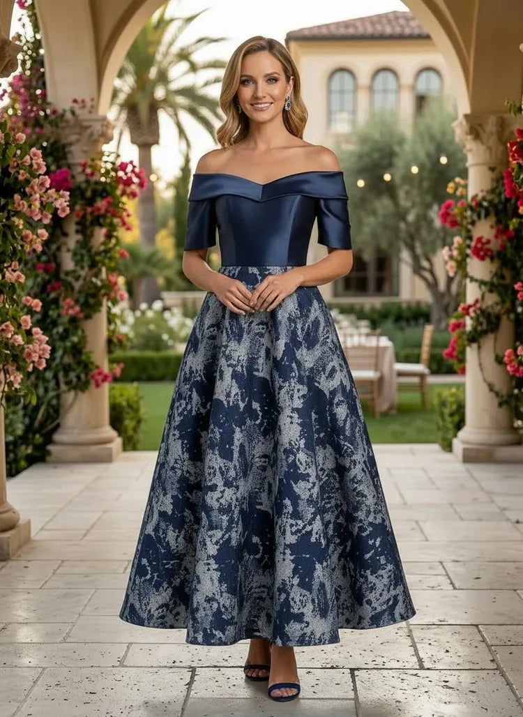 Loverlm navy Mother of the Bride dress with off-shoulder neckline short sleeves fitted bodice silver-blue patterned tea-length A-line skirt