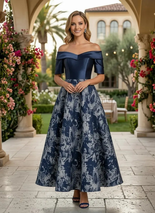 Loverlm navy Mother of the Bride dress with off-shoulder neckline short sleeves fitted bodice silver-blue patterned tea-length A-line skirt