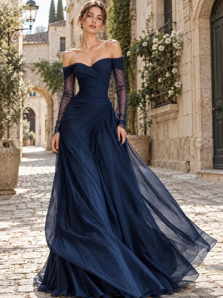 Elegant A-Line Sweetheart Off-Shoulder Long-Sleeve Floor-Length Evening Dress