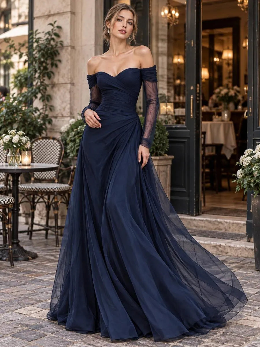 Elegant A-Line Sweetheart Off-Shoulder Long-Sleeve Floor-Length Evening Dress