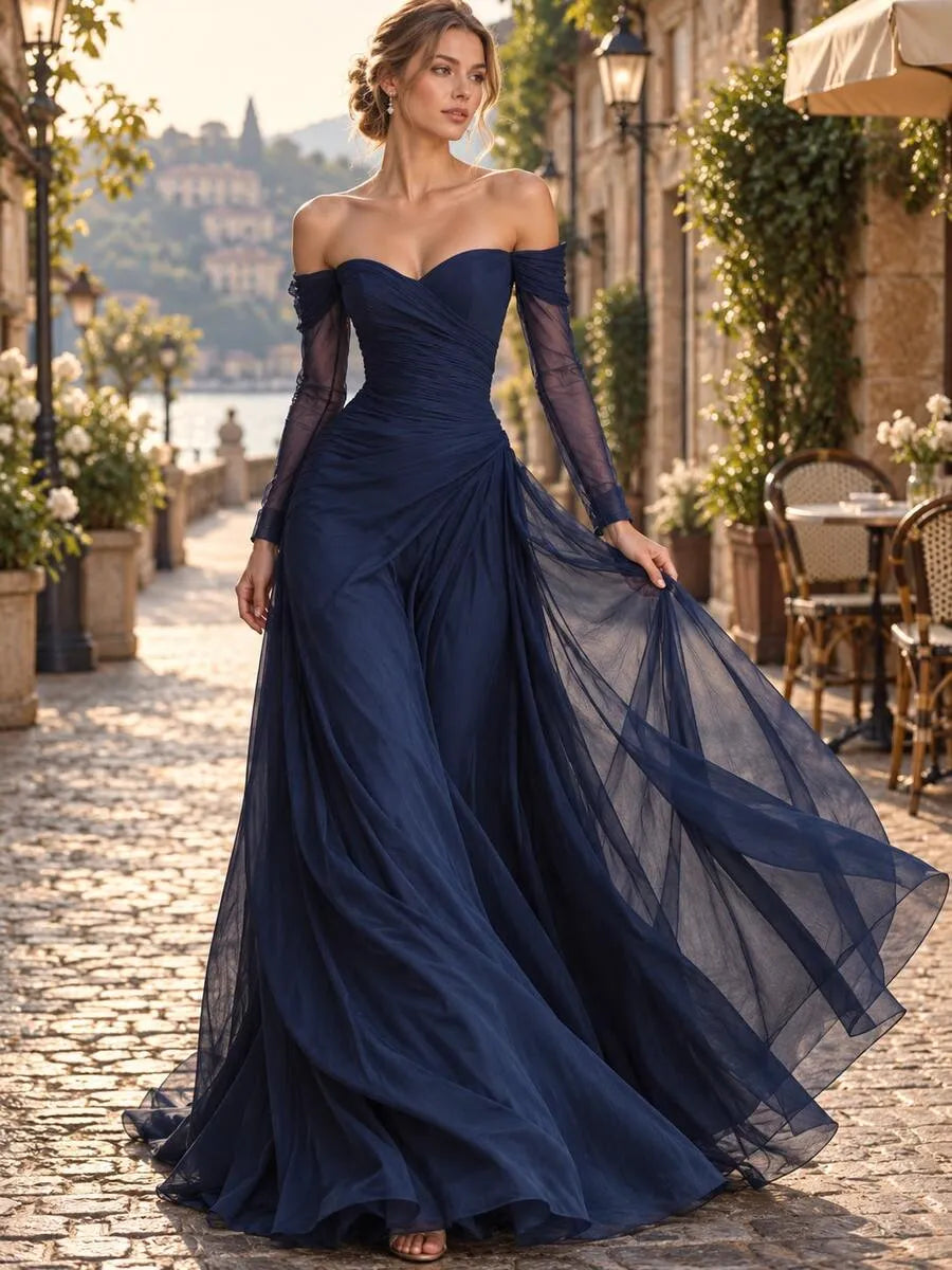 Elegant A-Line Sweetheart Off-Shoulder Long-Sleeve Floor-Length Evening Dress
