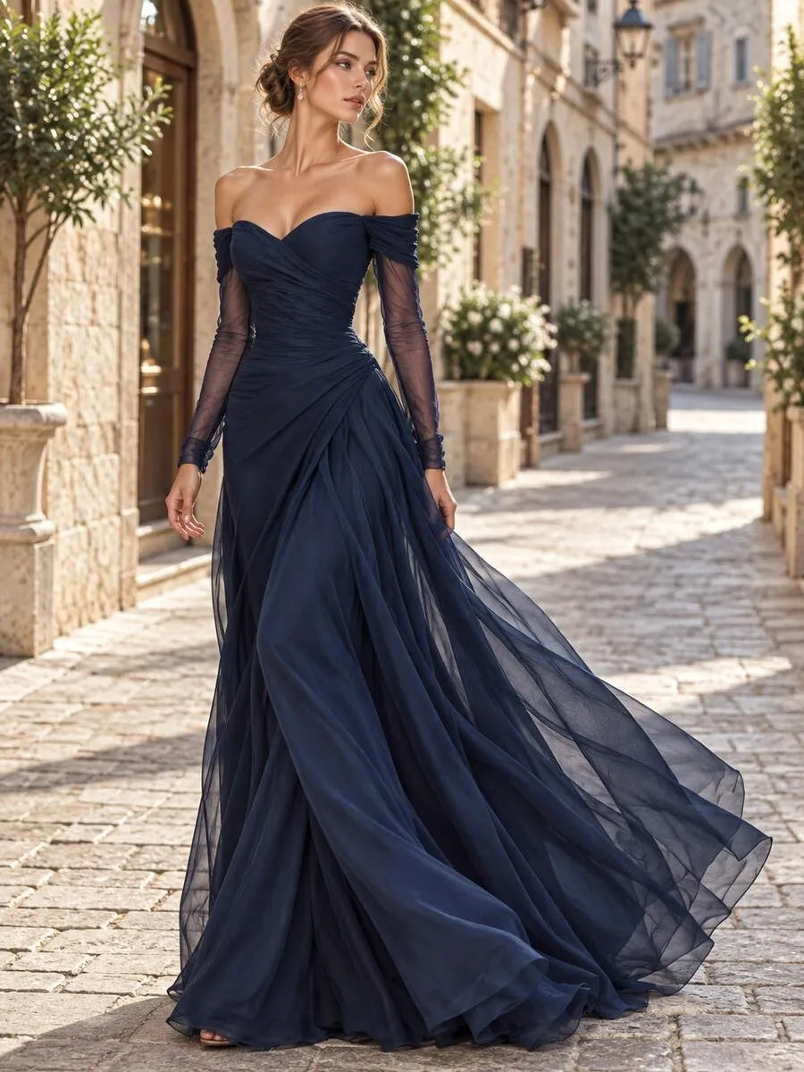 Elegant A-Line Sweetheart Off-Shoulder Long-Sleeve Floor-Length Evening Dress