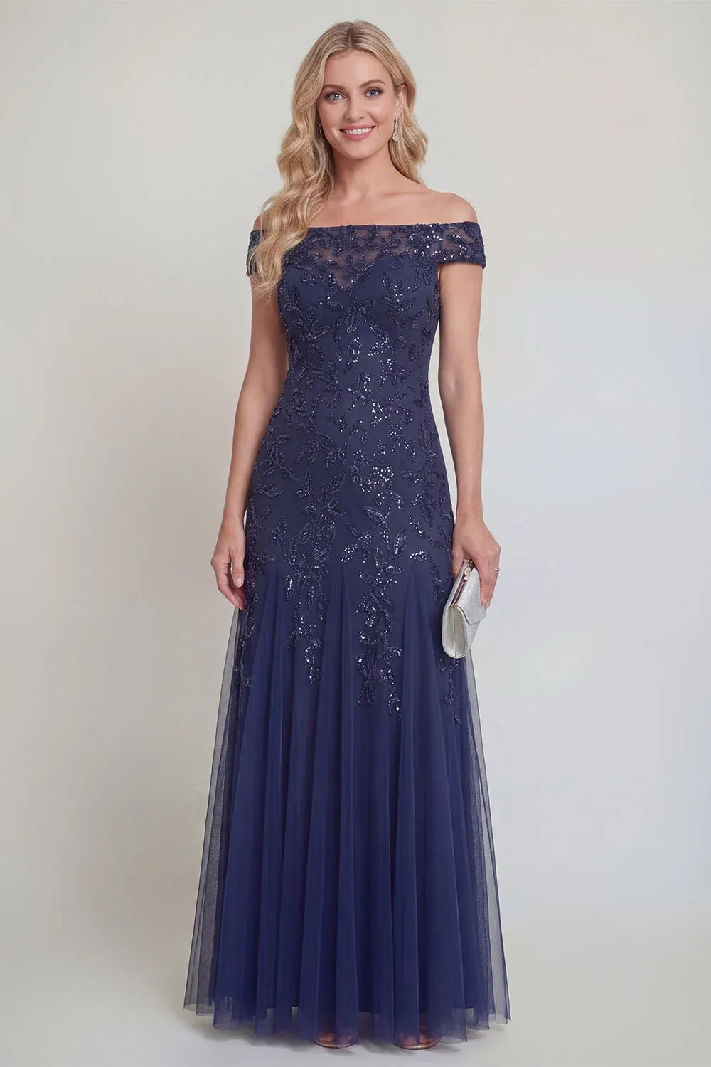 Loverlm navy off-shoulder evening dress with leaf-pattern sequins, sheer cap sleeves, a fitted bodice and flared floor-length tulle skirt, front view.