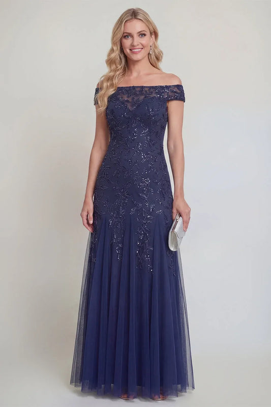 Loverlm navy off-shoulder evening dress with leaf-pattern sequins, sheer cap sleeves, a fitted bodice and flared floor-length tulle skirt, front view.