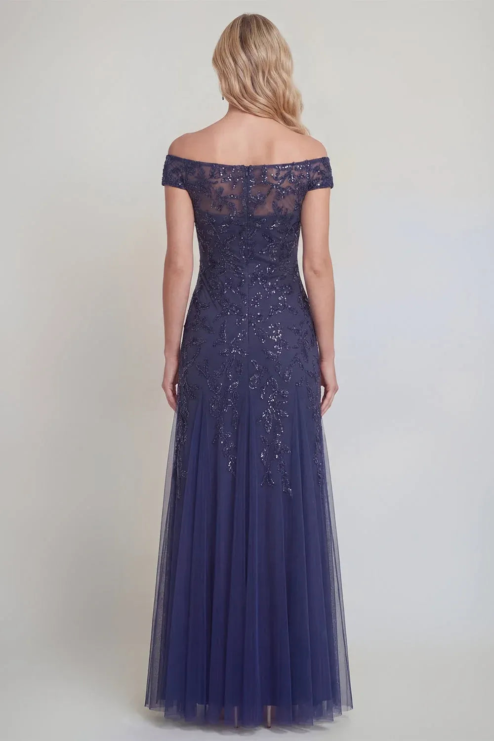 Shimmering Tulle Trumpet Off-Shoulder Cap-Sleeve Illusion-Back Floor-Length Evening Dress