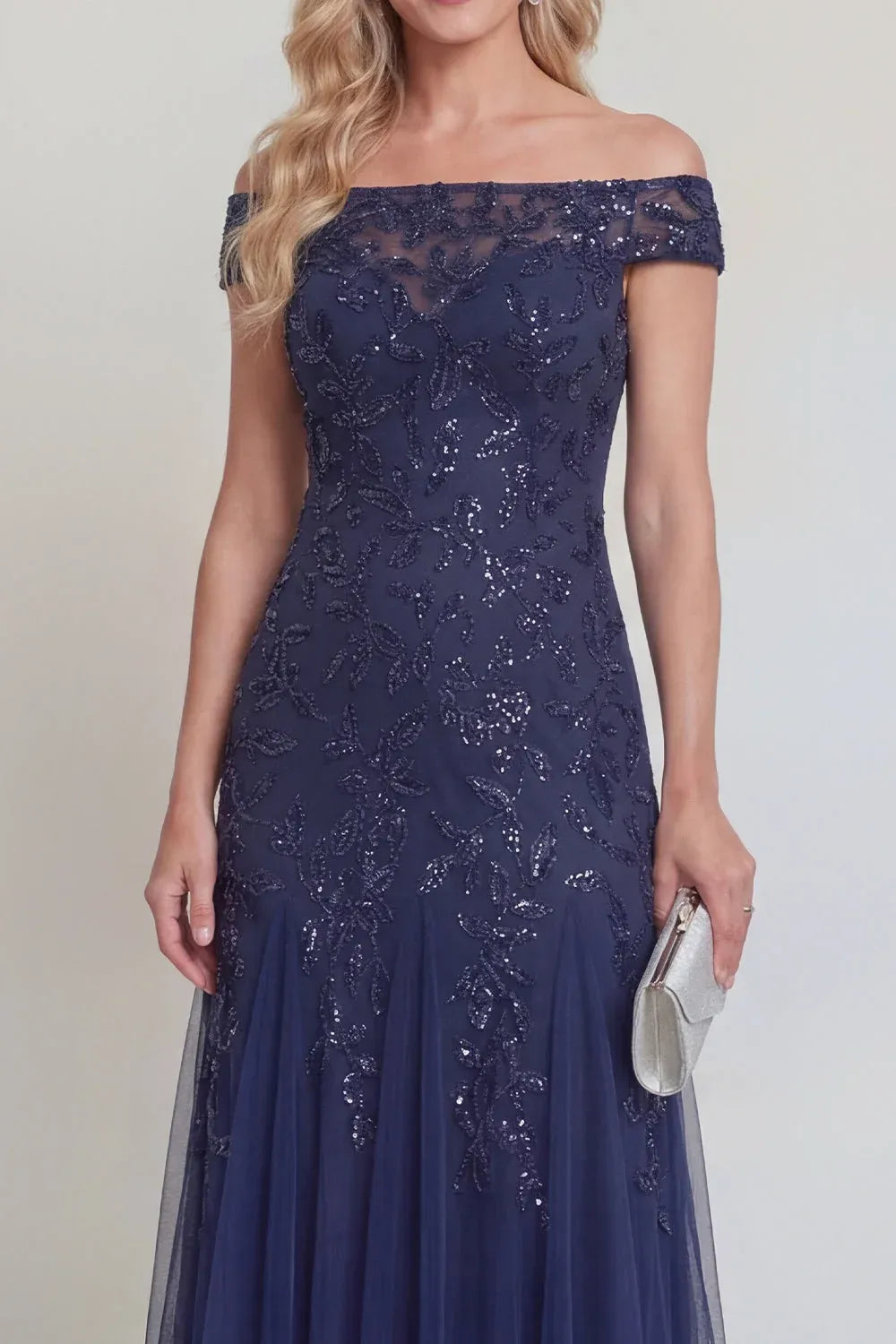 Shimmering Tulle Trumpet Off-Shoulder Cap-Sleeve Illusion-Back Floor-Length Evening Dress