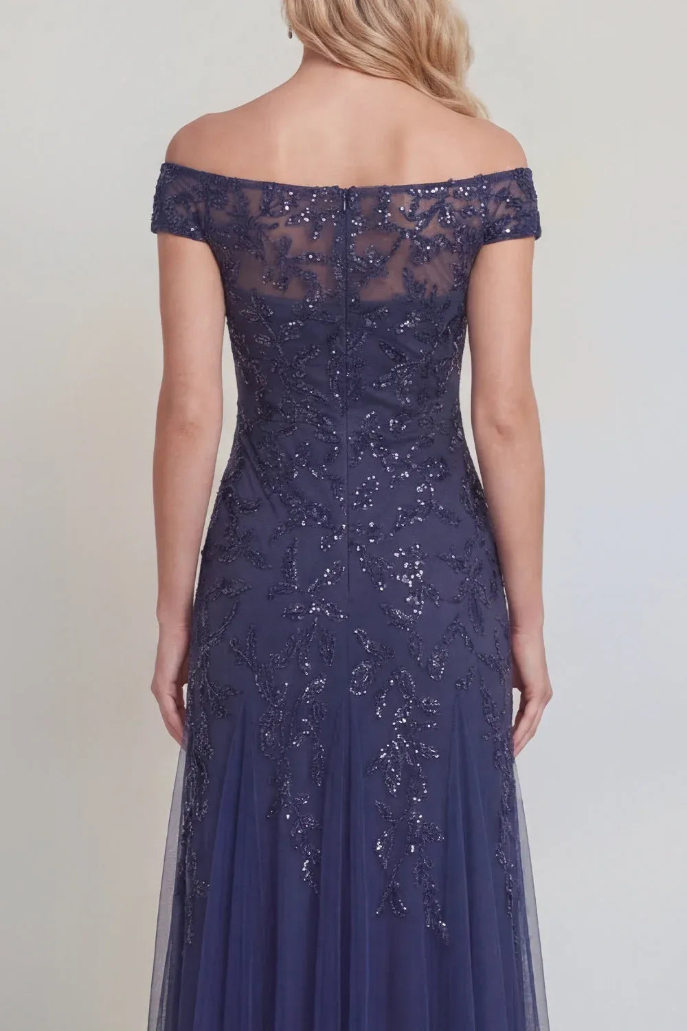 Shimmering Tulle Trumpet Off-Shoulder Cap-Sleeve Illusion-Back Floor-Length Evening Dress