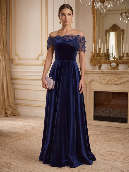 Loverlm navy off-shoulder floor-length evening dress with embellished mesh sleeves and A-line skirt