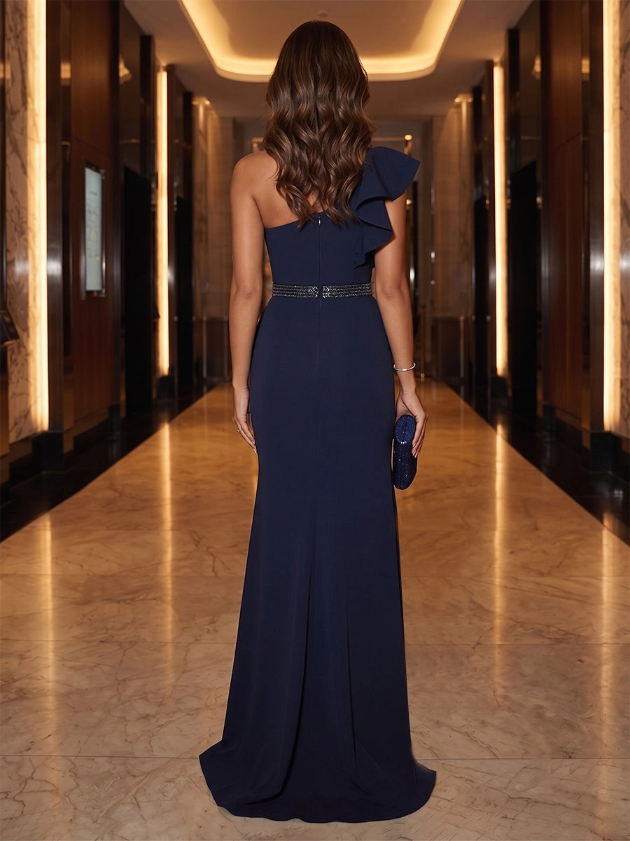 Elegant Navy Mermaid One-Shoulder Sleeveless Zip-Back High-Slit Floor-Length Evening Dress