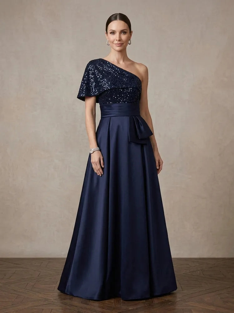 Loverlm navy blue Mother of the Bride dress with one-shoulder sequin bodice short sleeve satin waistband and floor-length A-line skirt
