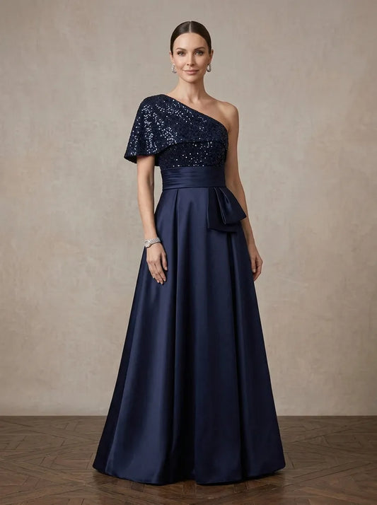 Loverlm navy blue Mother of the Bride dress with one-shoulder sequin bodice short sleeve satin waistband and floor-length A-line skirt