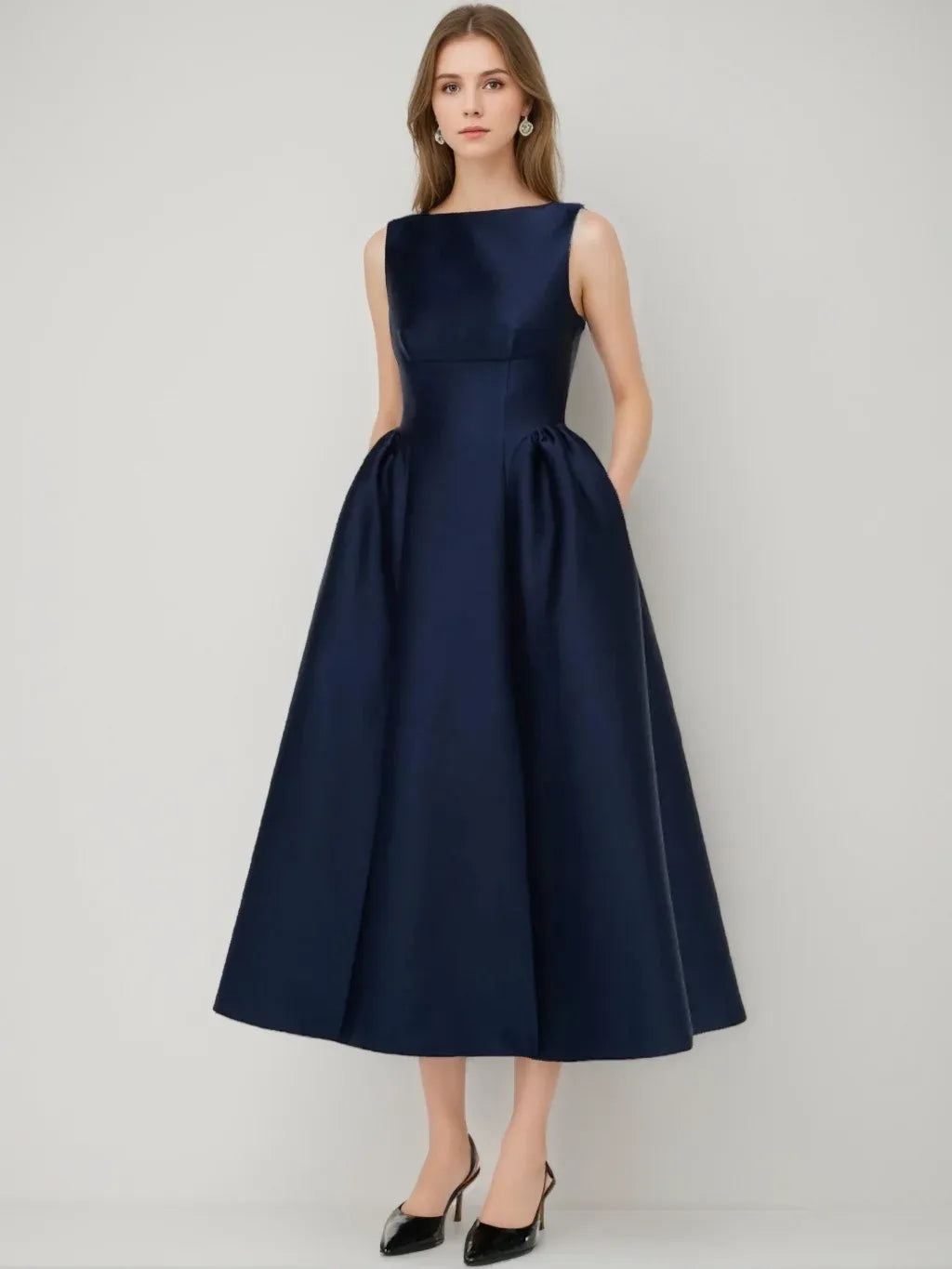 Loverlm navy blue bateau-neck satin A-line midi cocktail dress