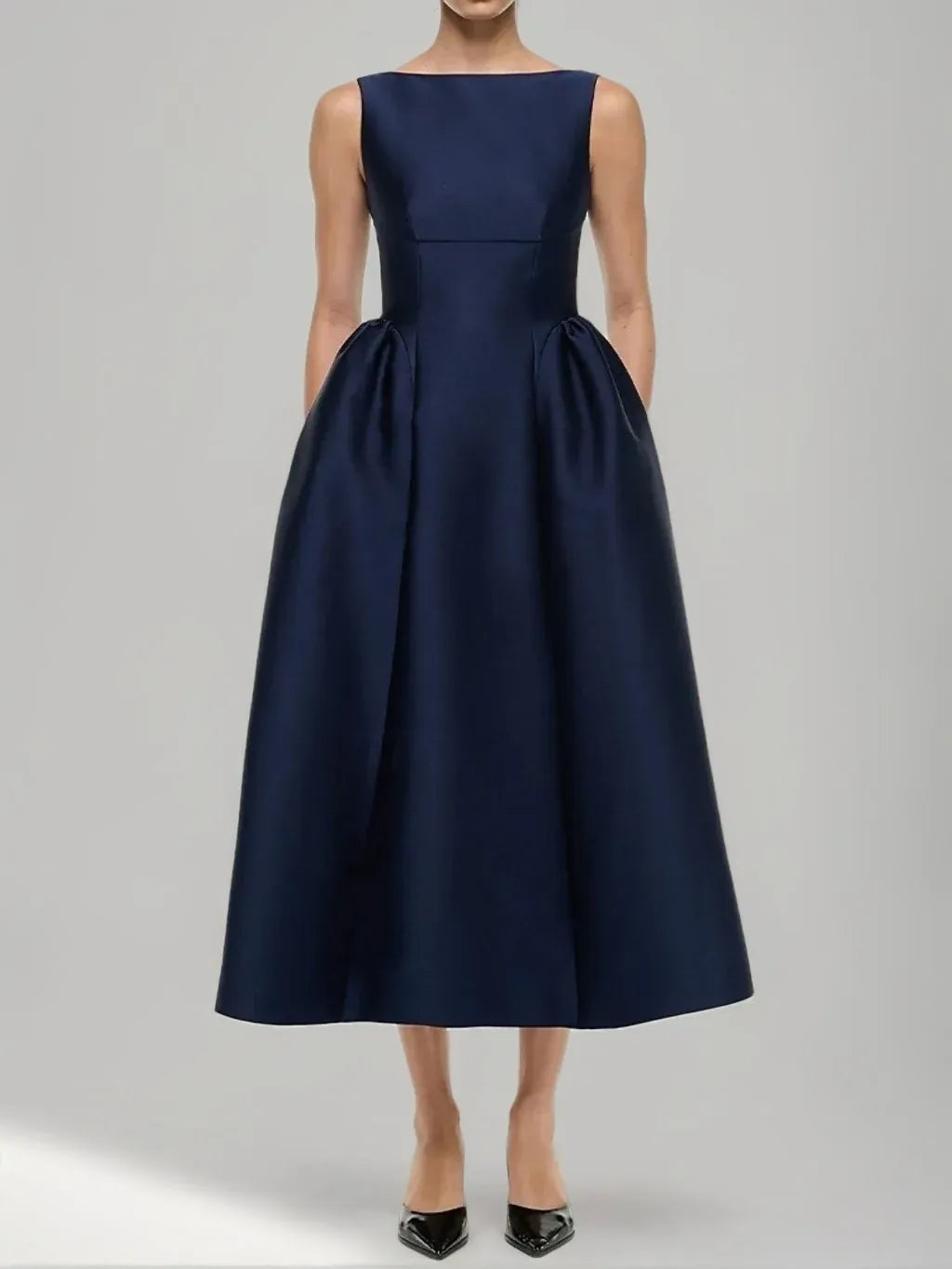 Elegant A-Line Bateau-Neck Sleeveless V-Back Satin Midi Cocktail Dress