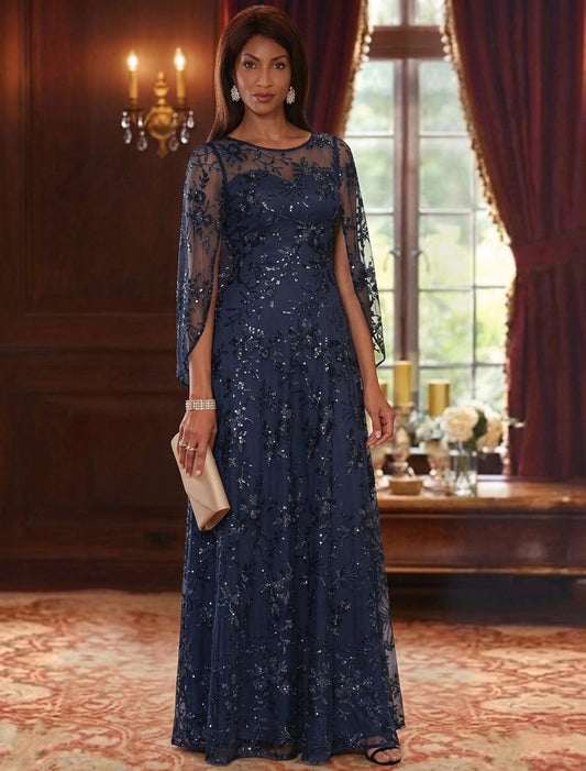 Navy blue A-line Mother of the Bride Dress with floral sequins illusion neckline and cape sleeves by Loverlm