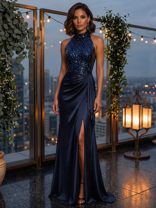 Loverlm navy sequin high-neck evening dress with satin skirt and slit