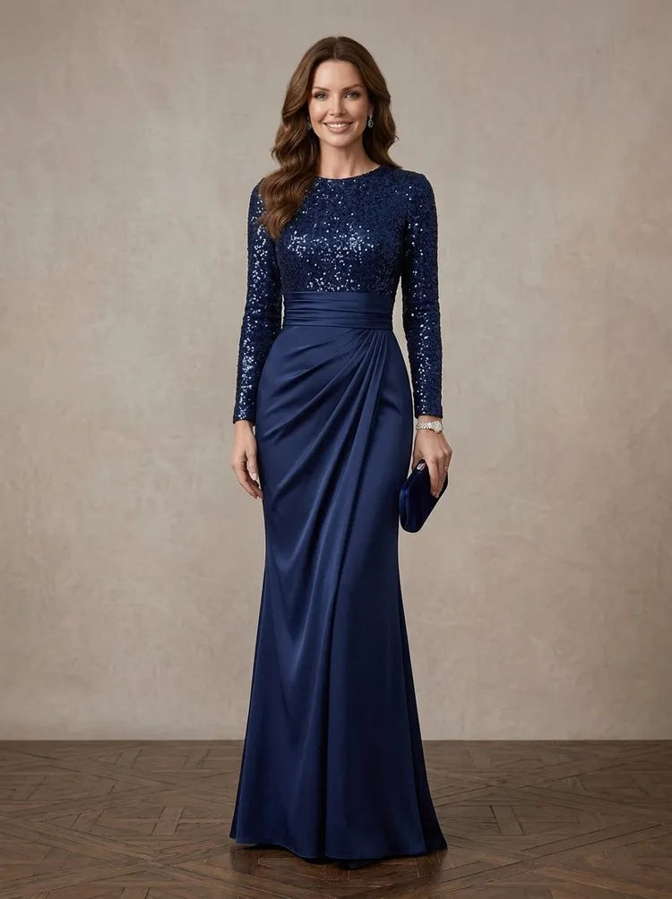Loverlm navy Mother of the Bride dress with long-sleeve sequin bodice jewel neckline satin waist and floor-length draped skirt