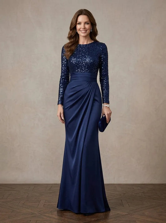 Loverlm navy Mother of the Bride dress with long-sleeve sequin bodice jewel neckline satin waist and floor-length draped skirt