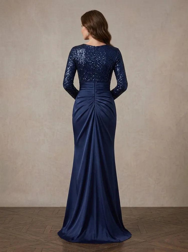 Elegant Sheath Jewel-Neck Long-Sleeve Sequin Satin Floor-Length Mother of the Bride Dress