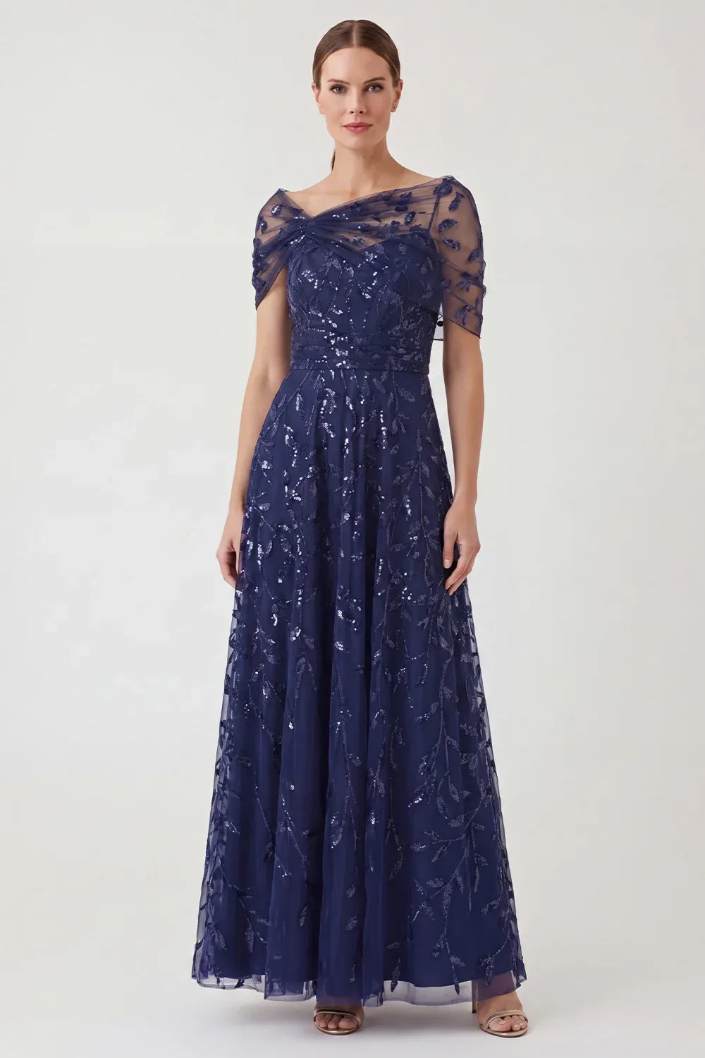 Loverlm navy sequin tulle dress with an asymmetric draped neckline, sheer short sleeves, ruched waist and ankle-length A-line skirt.