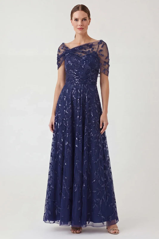 Loverlm navy sequin tulle dress with an asymmetric draped neckline, sheer short sleeves, ruched waist and ankle-length A-line skirt.