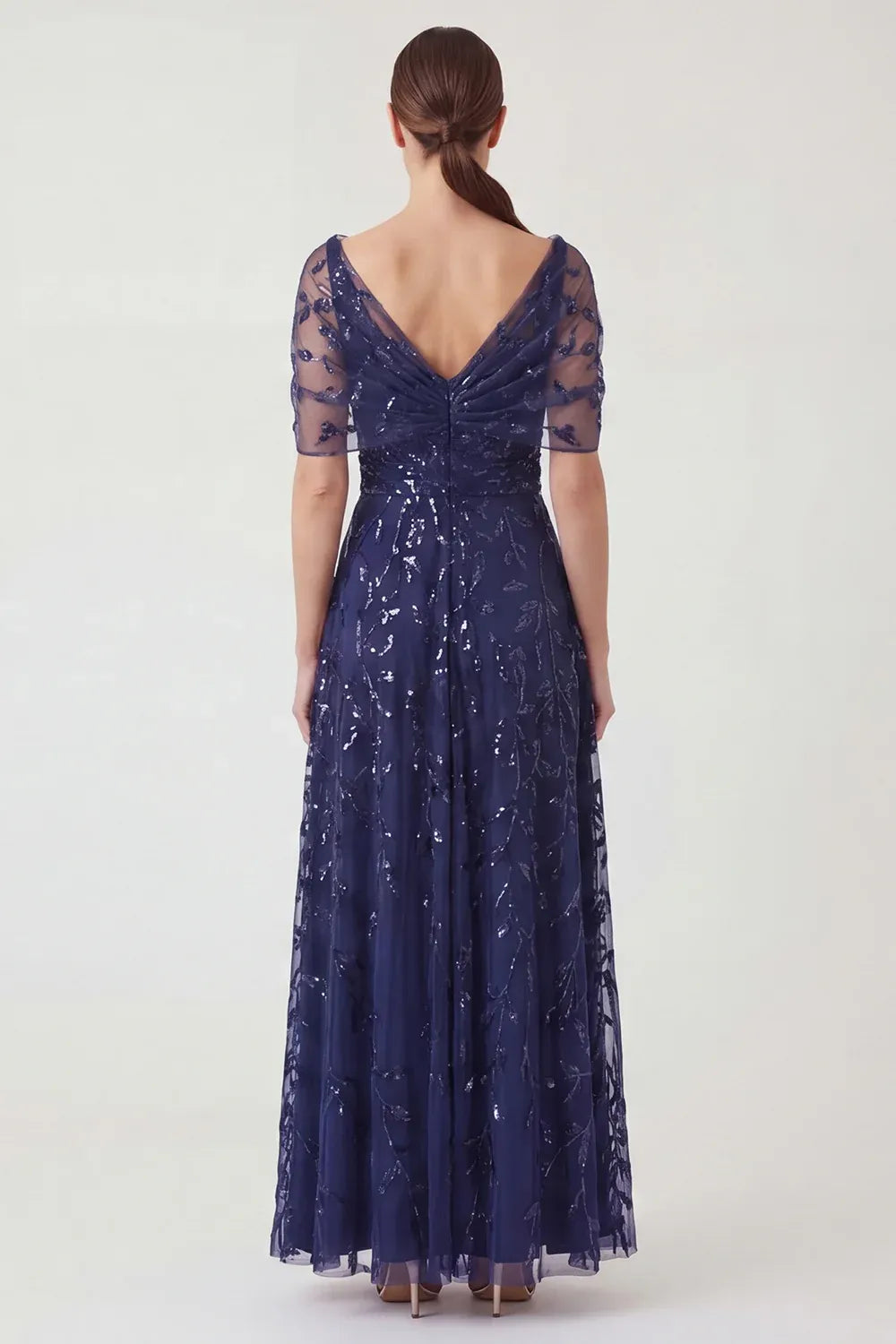 Sparkling Tulle A-Line Asymmetric Short-Sleeve V-Back Ankle-Length Mother of the Bride Dress