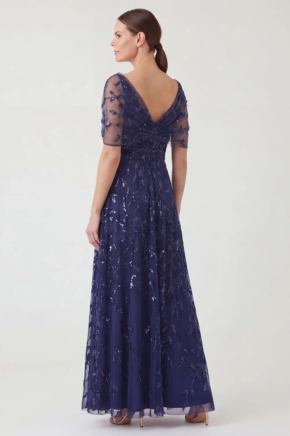 Sparkling Tulle A-Line Asymmetric Short-Sleeve V-Back Ankle-Length Mother of the Bride Dress