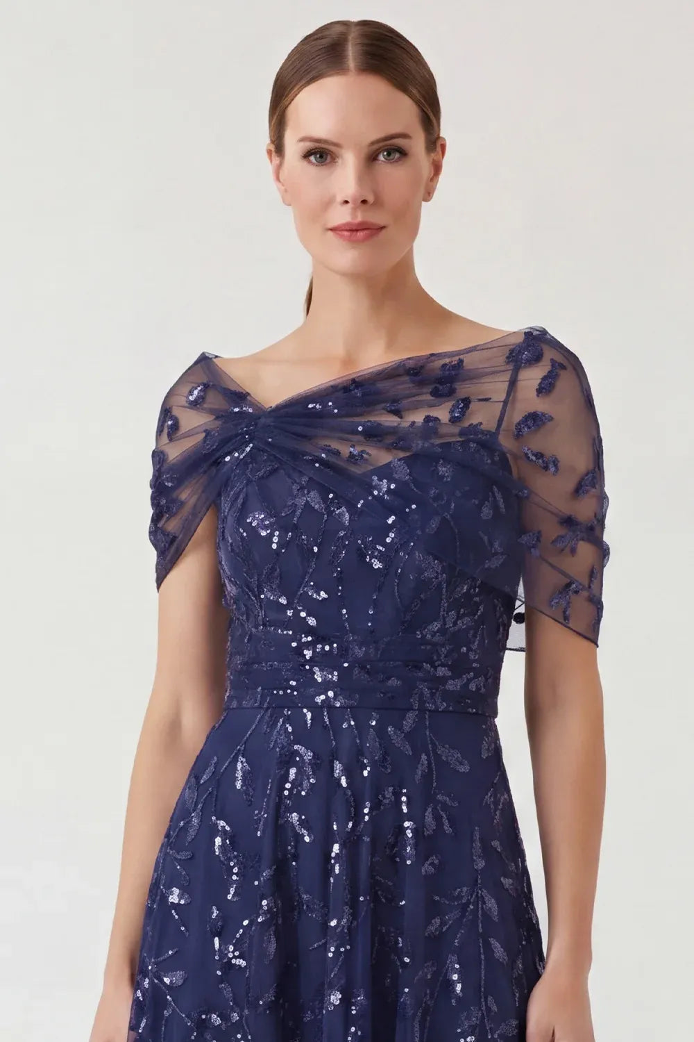 Sparkling Tulle A-Line Asymmetric Short-Sleeve V-Back Ankle-Length Mother of the Bride Dress