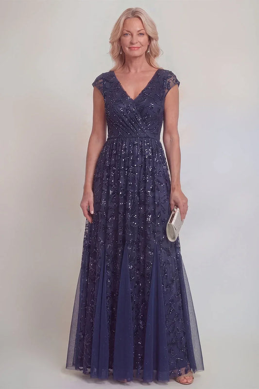 Loverlm navy sequin tulle mother of the bride dress with a ruched V-neck bodice, sheer cap sleeves and floor-length A-line skirt, front view.