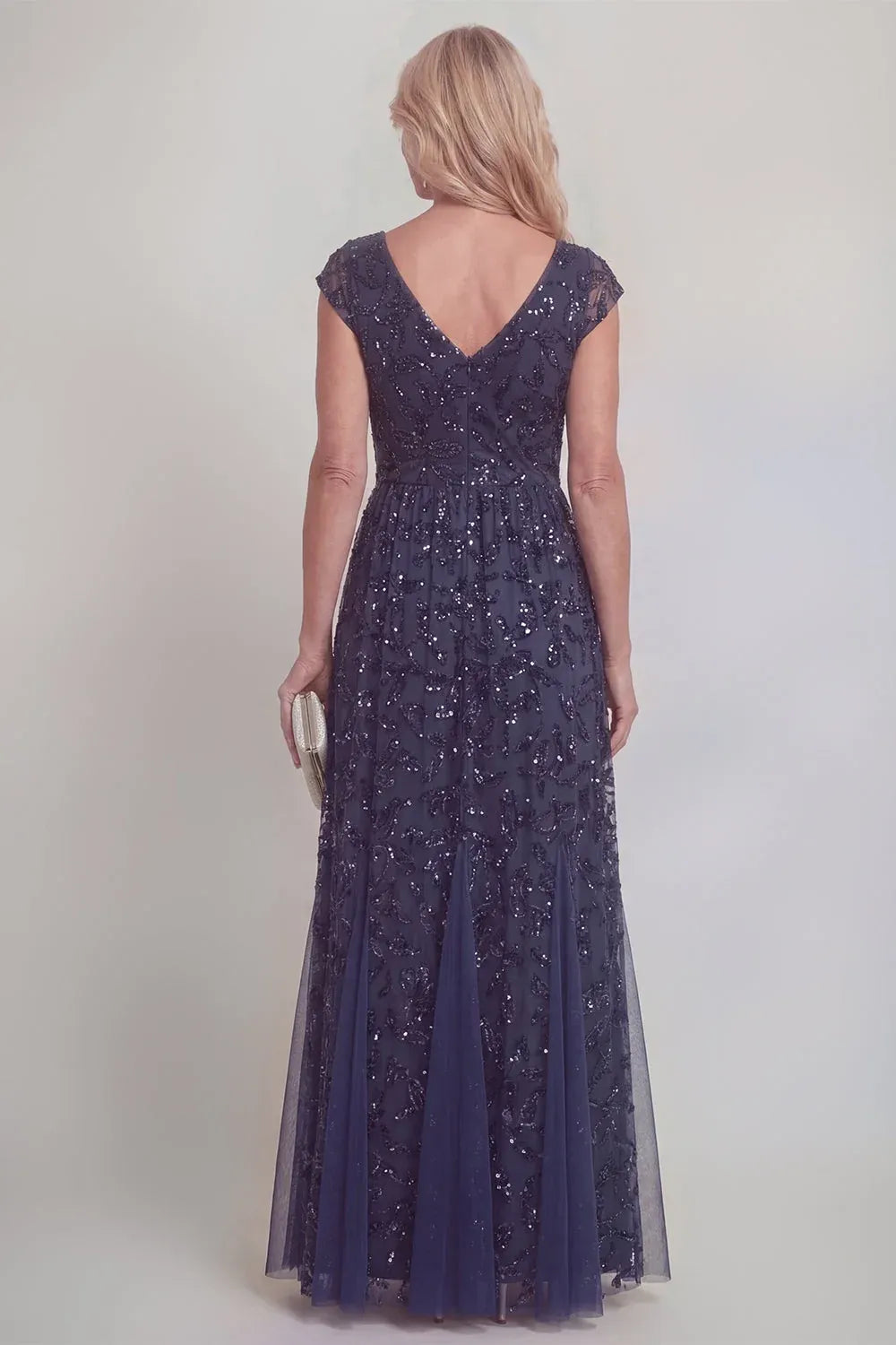 Sparkling Tulle A-Line V-Neck Cap-Sleeve V-Back Floor-Length Mother of the Bride Dress