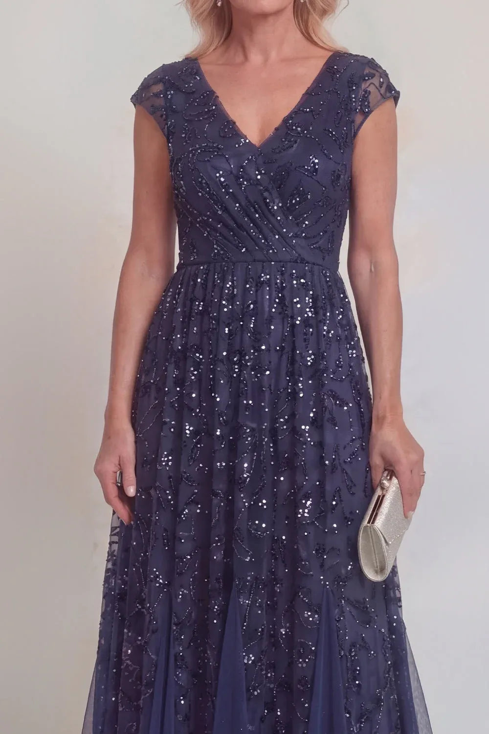 Sparkling Tulle A-Line V-Neck Cap-Sleeve V-Back Floor-Length Mother of the Bride Dress