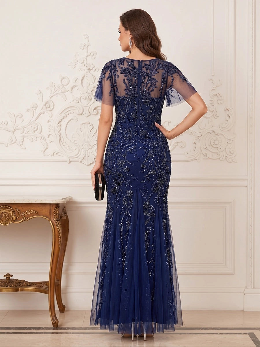 Glamorous Mermaid V Neck Flutter Sleeve Illusion Back Sequined Floor Length Mother of the Bride Dress