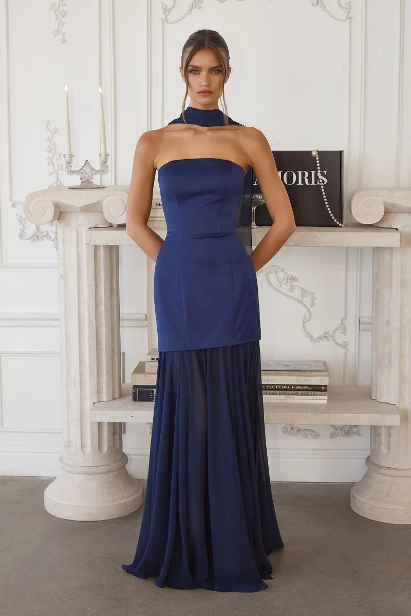 Loverlm navy evening dress with strapless straight neckline fitted column bodice long neck scarf and flowing floor-length skirt