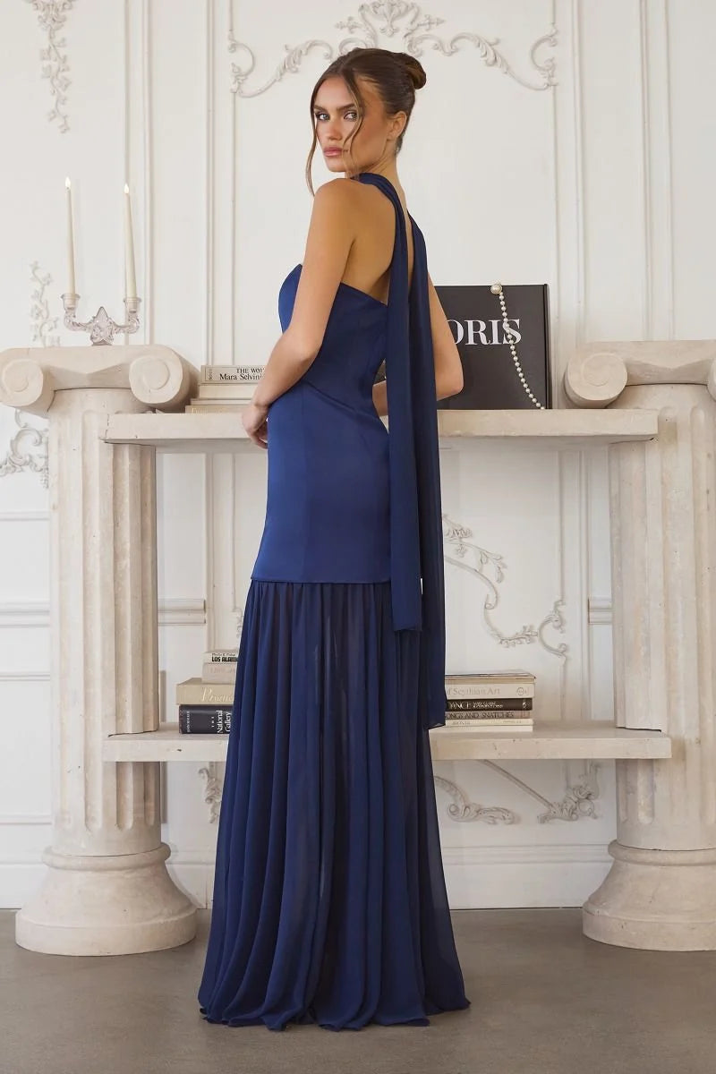 Elegant Column Straight-Neck Strapless Scarf-Back Floor-Length Evening Dress