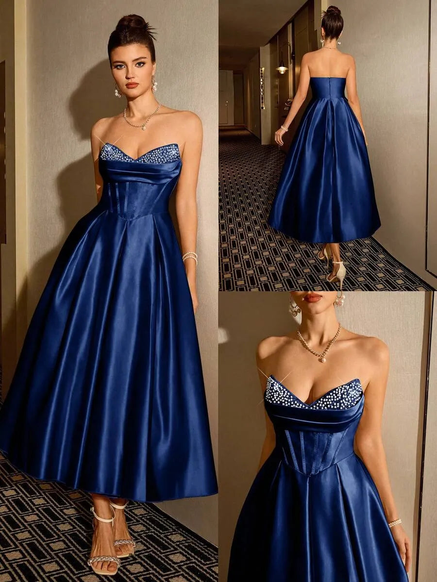 Elegant A-Line Sweetheart Strapless Zip-Back Satin Tea-Length Wedding Guest Dress