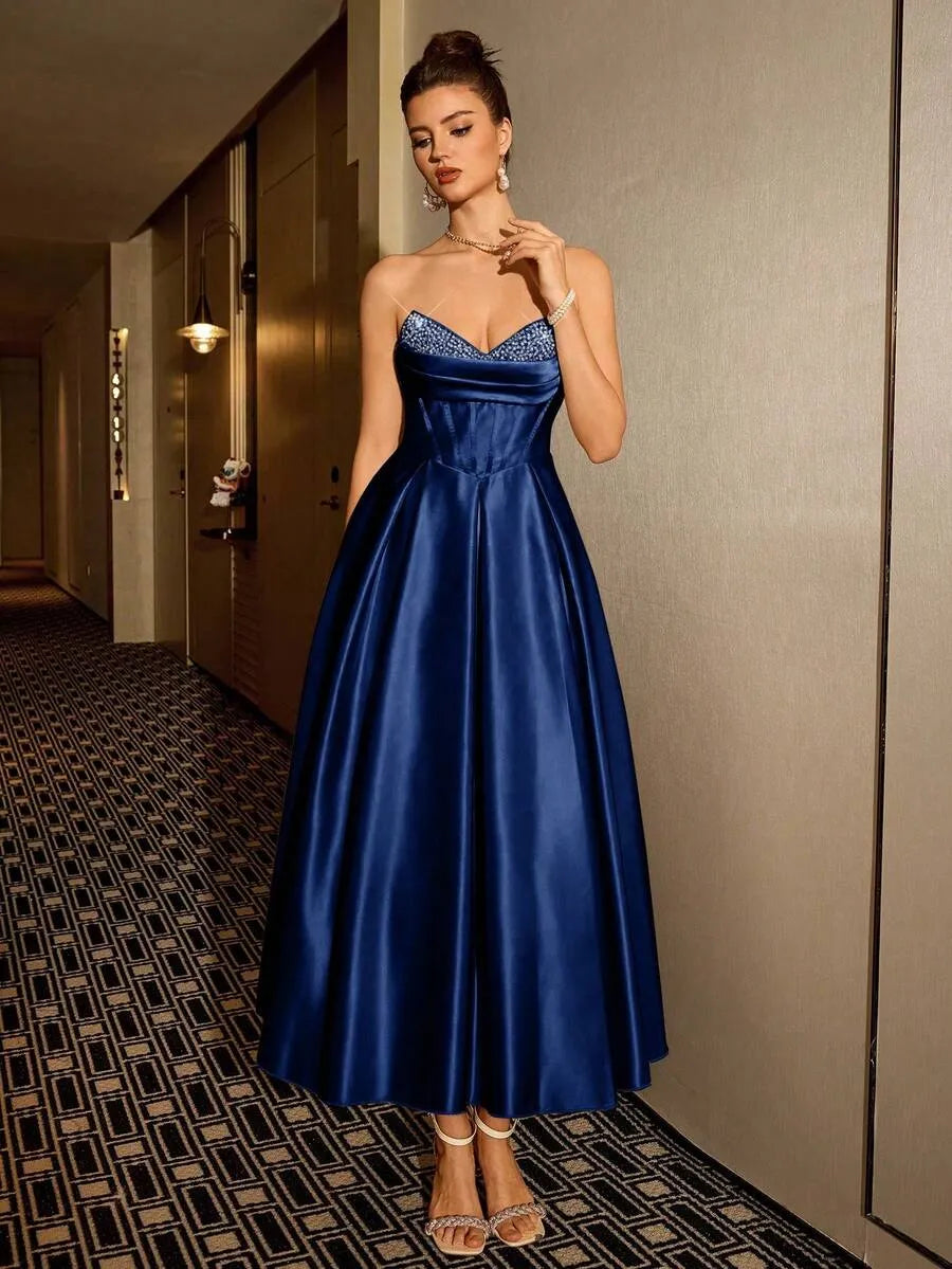 Elegant A-Line Sweetheart Strapless Zip-Back Satin Tea-Length Wedding Guest Dress