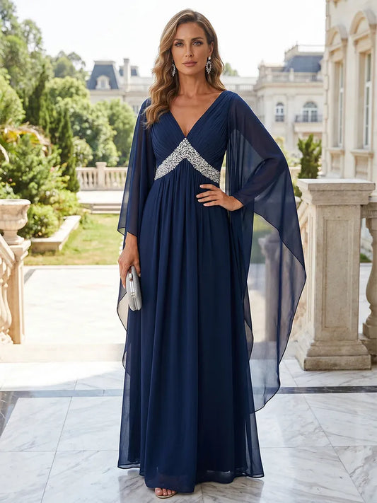 Loverlm navy Mother of the Bride dress with V-neck cape sleeves beaded empire waist and flowing floor-length chiffon A-line skirt