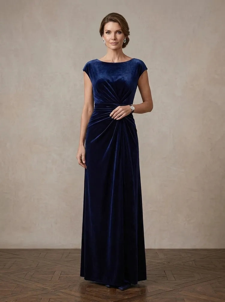 Loverlm navy velvet Mother of the Bride dress with bateau neck cap sleeves ruched waist and floor-length sheath silhouette