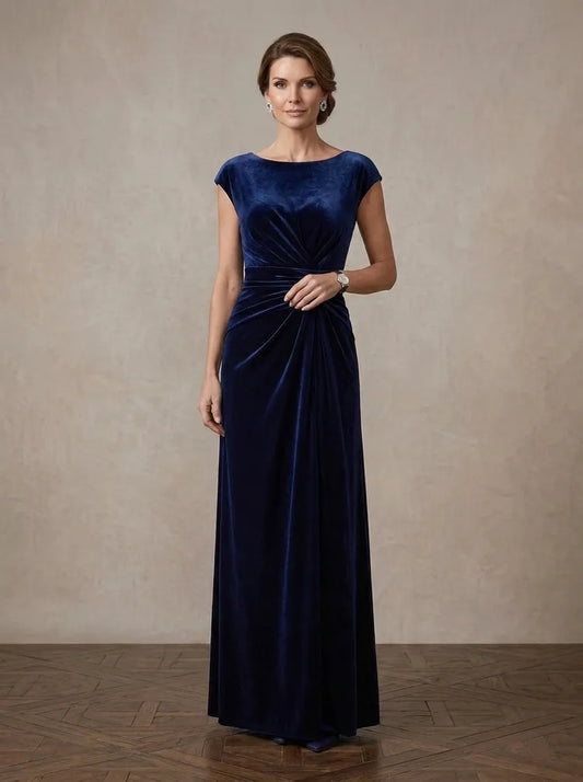 Loverlm navy velvet Mother of the Bride dress with bateau neck cap sleeves ruched waist and floor-length sheath silhouette
