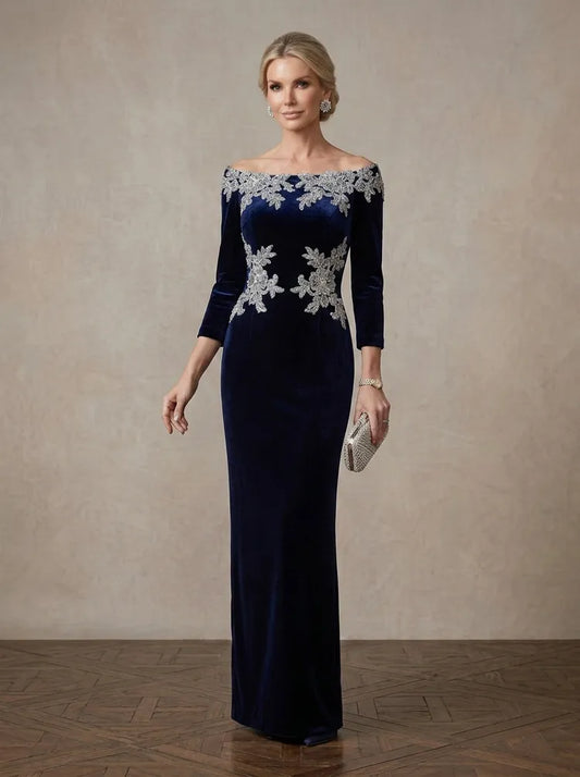 Loverlm navy velvet Mother of the Bride dress with off-shoulder neckline silver floral embellishment three-quarter sleeves and floor-length sheath silhouette