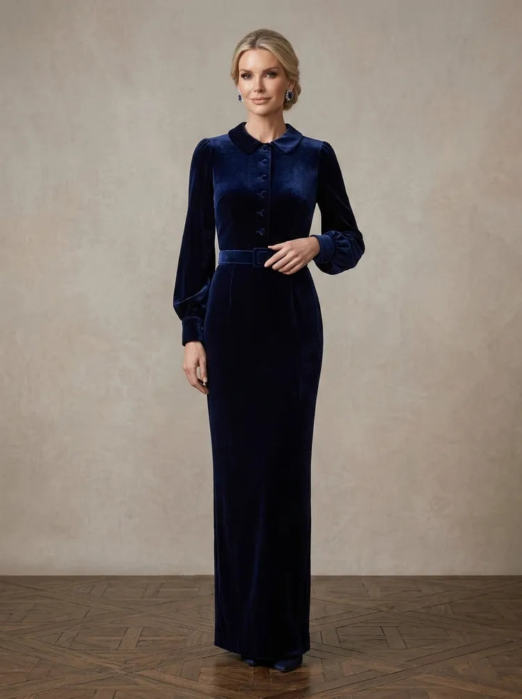 Loverlm navy velvet Mother of the Bride dress with Peter Pan collar long bishop sleeves buttons belt and floor-length sheath silhouette