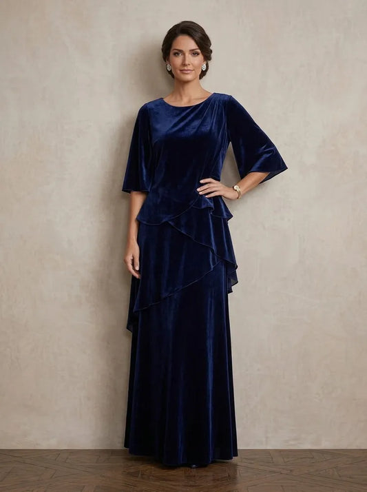 Loverlm navy velvet Mother of the Bride dress with bateau neckline bell sleeves asymmetric tiered ruffles and floor-length skirt