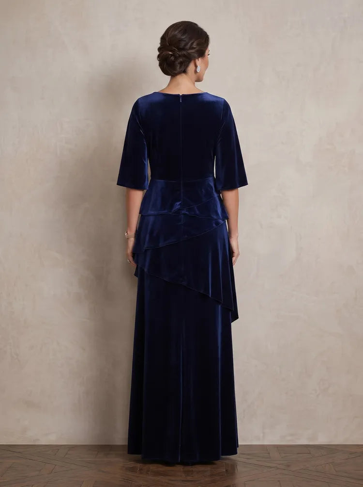 Elegant A-Line Bateau-Neck Bell-Sleeve Velvet Floor-Length Mother of the Bride Dress