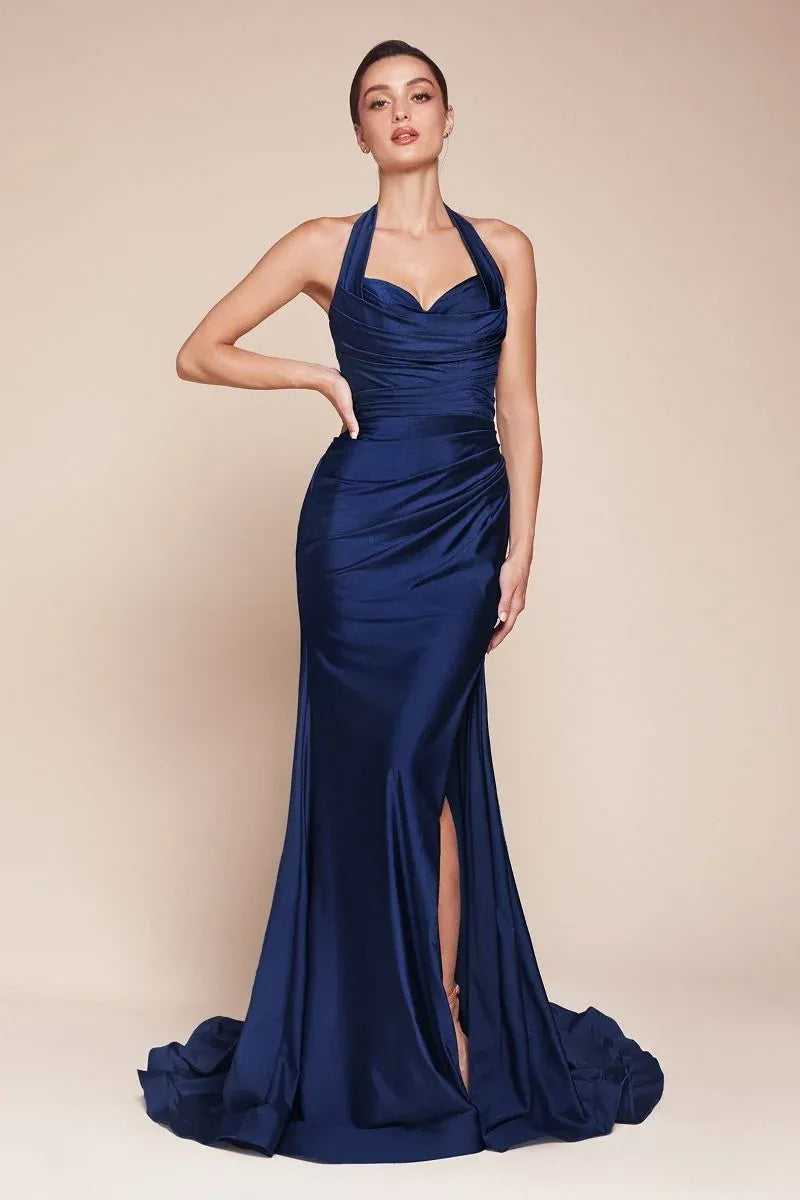 Elegant Sheath Cowl Neck Halter Open Back Floor-Length Evening Dress