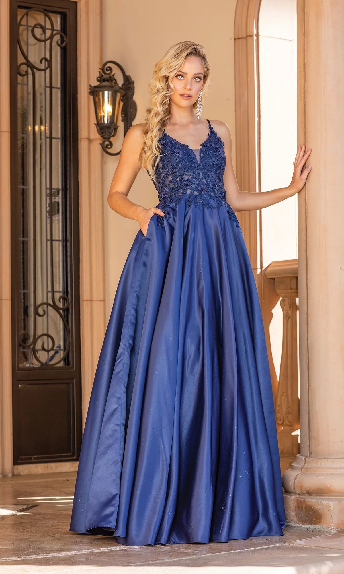 Romantic A-Line V-Neck Sleeveless Satin Floor Length Prom Dress
