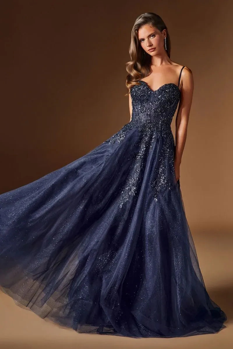 Glamorous A-Line Sweetheart Spaghetti Strap Embellished Floor-Length Prom Dress