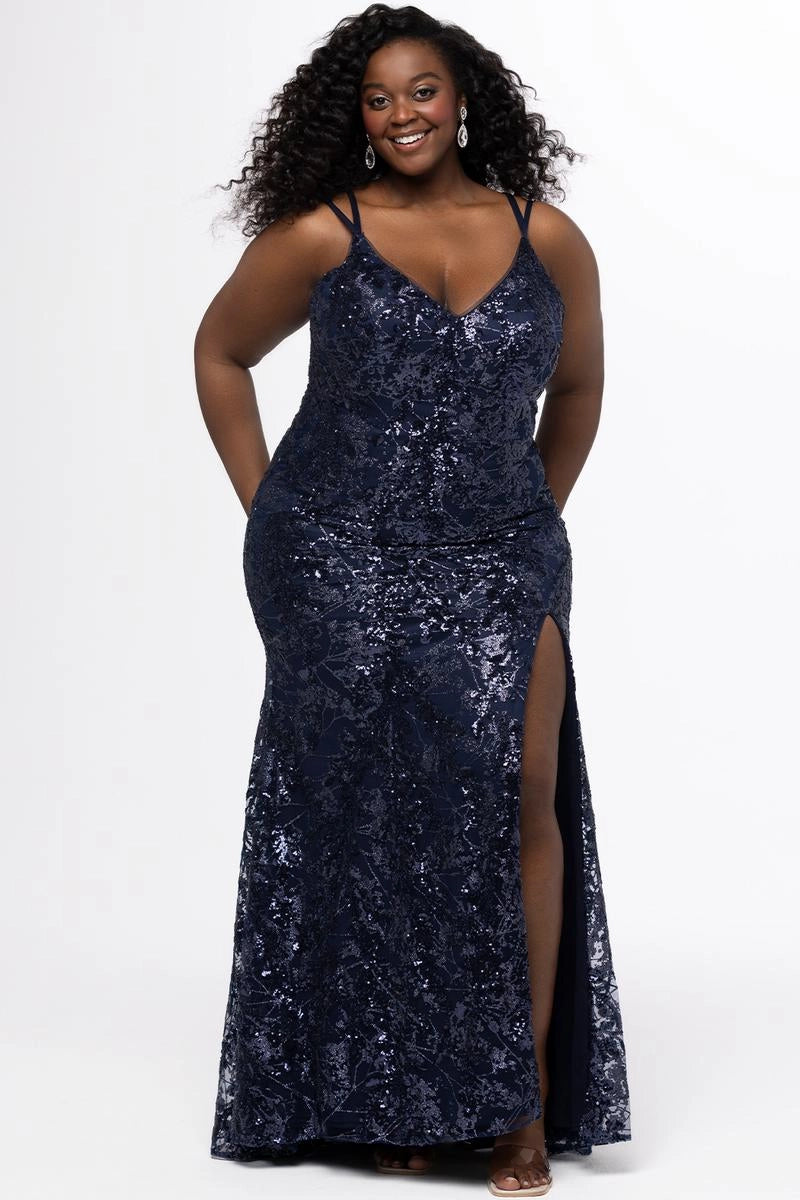 Glamorous Plus Size Sheath V Neck Sleeveless Sequin Floor Length Prom Dress