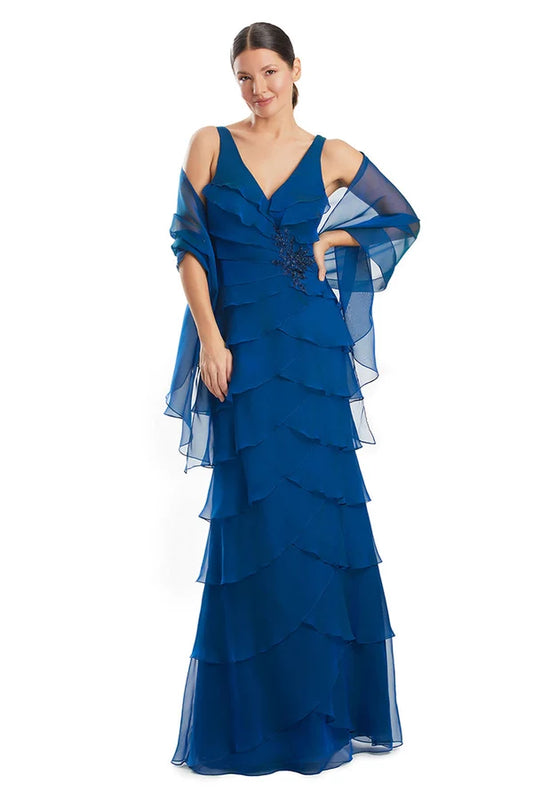 Loverlm ocean blue V-neck Mother of the Bride dress with tiered ruffles and sheer wrap