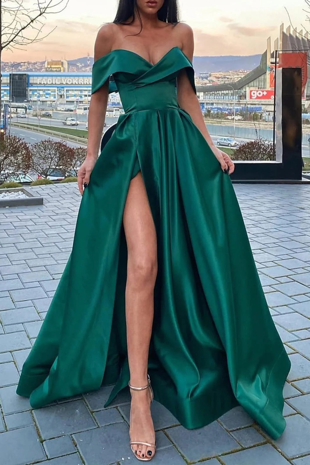Loverlm emerald green satin off shoulder A-line prom dress with high slit and full floor length skirt front view